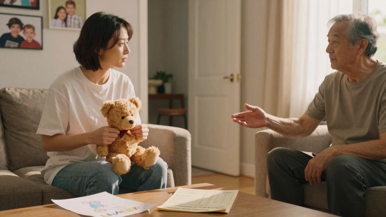 Homem e mulher sentados numa sala, a mulher segura um urso de peluche, parecem estar a conversar.