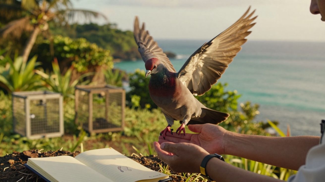 Pombo a levantar voo das mãos de uma pessoa junto ao mar em ambiente natural com vegetação.
