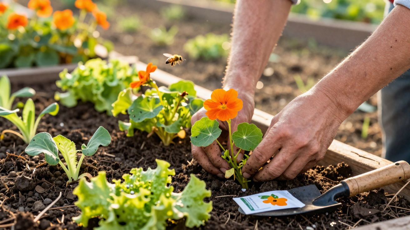 Mãos a plantar flor laranja em canteiro com vegetais e abelha em voo próximo na horta.