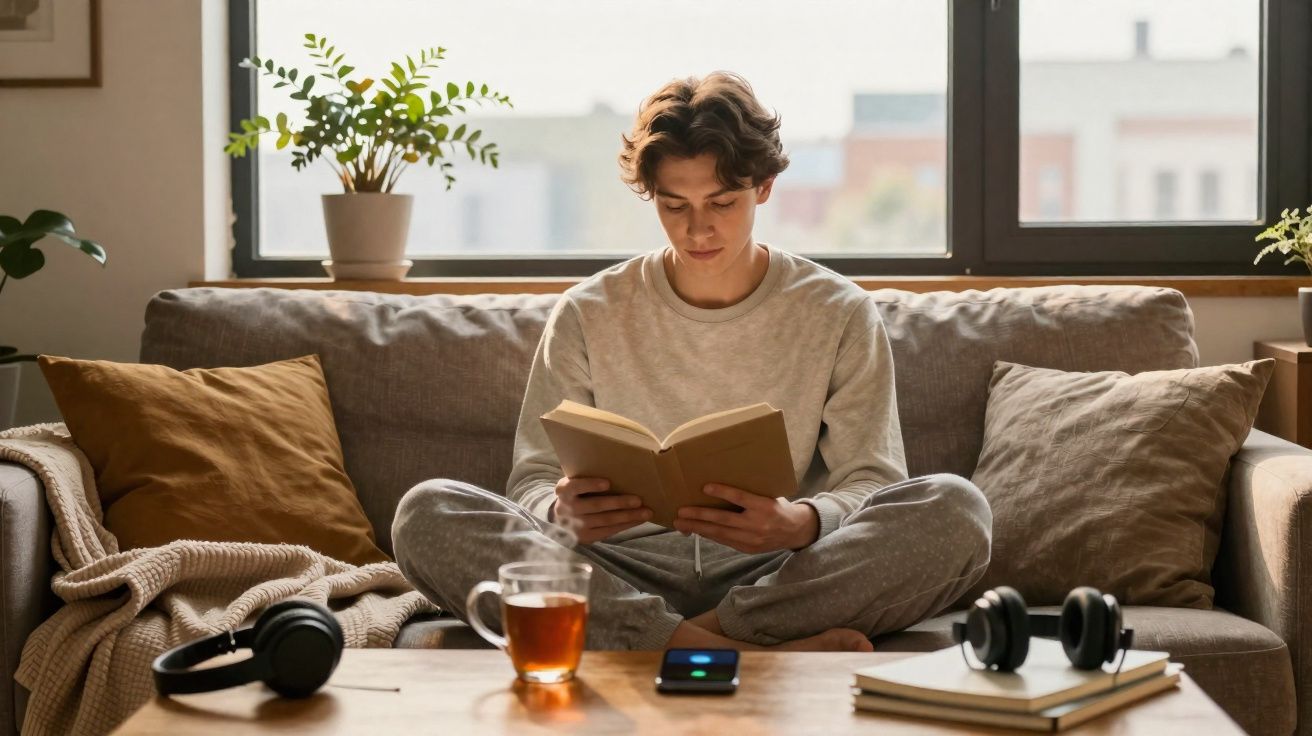 Jovem sentado no sofá, a ler um livro, com chá, auscultadores e telemóvel numa mesa de madeira.