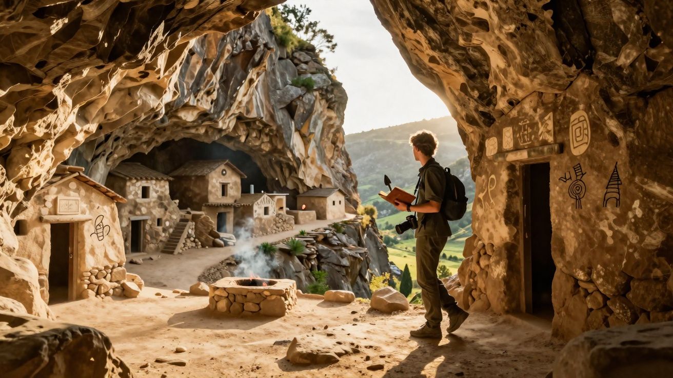 Pessoa com mochila e câmara observa aldeia de pedra dentro de caverna com fogo aceso ao centro.