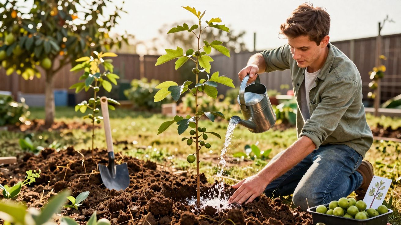 Homem regando uma árvore jovem num jardim ensolarado com regador metálico.