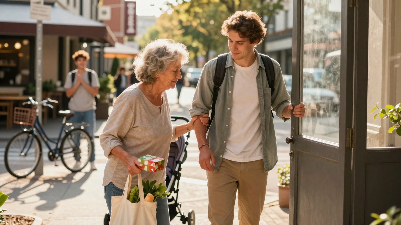 Jovem a ajudar idosa a entrar numa loja numa rua ensolarada enquanto outro jovem observa ao fundo.