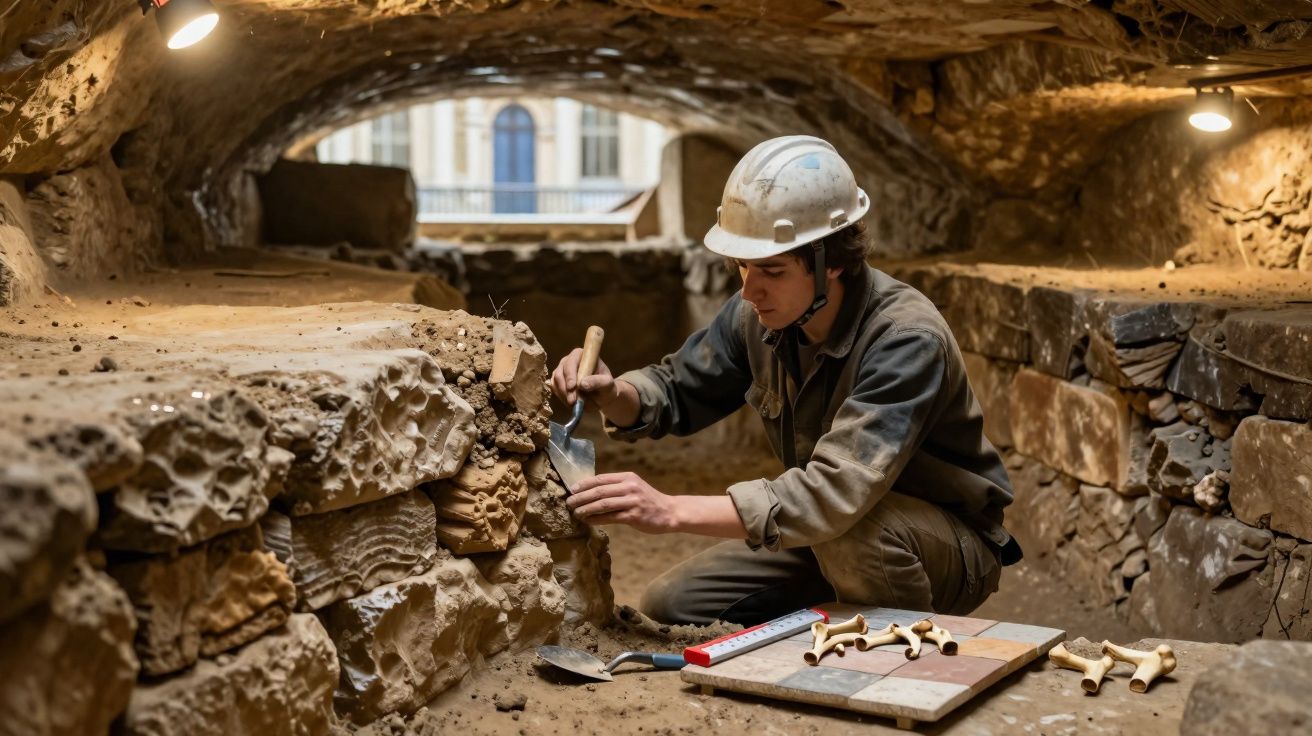 Arqueólogo em escavação subterrânea a limpar e examinar parede de pedra antiga com tools ao lado.