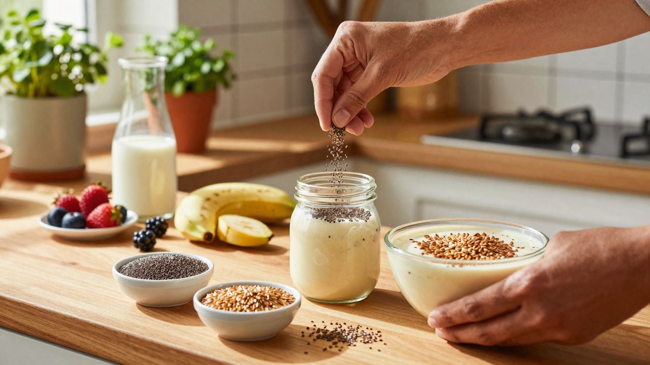 Mãos a polvilhar sementes em iogurte com frutas e leite sobre bancada de cozinha luminosa.