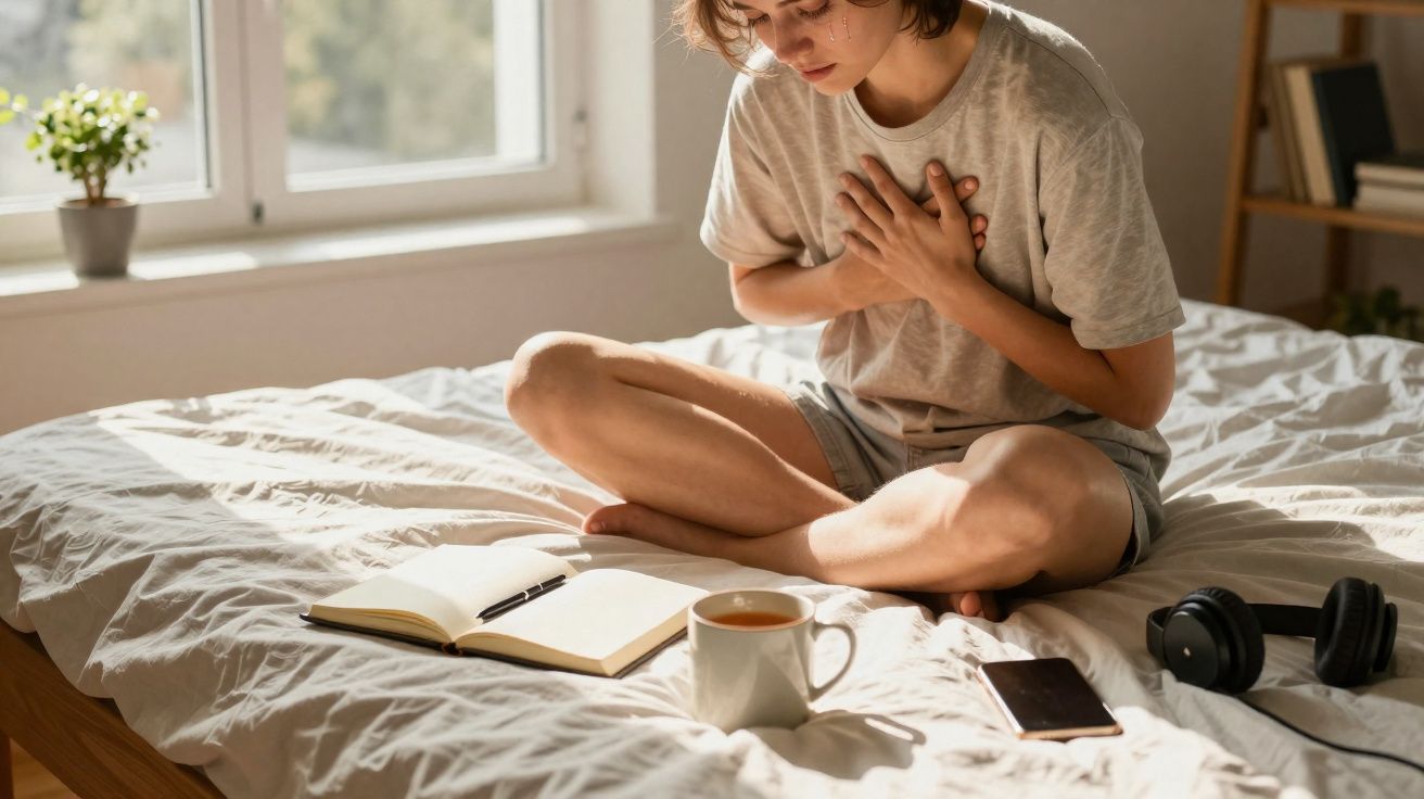Pessoa sentada na cama com mãos no peito, aparentando dor, ao lado de chá, caderno, telemóvel e auscultadores.
