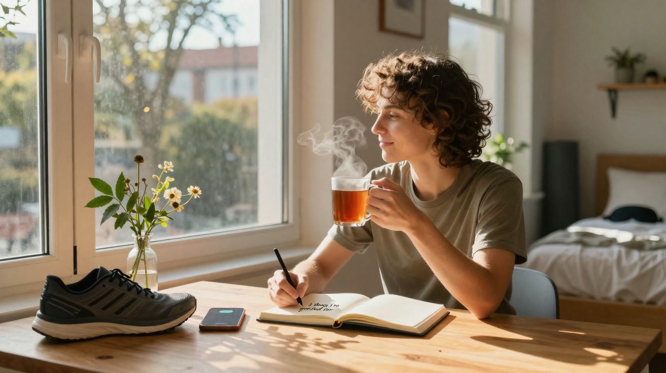 Pessoa com cabelo encaracolado sentada a escrever num caderno enquanto bebe chá quente junto a uma janela iluminada.
