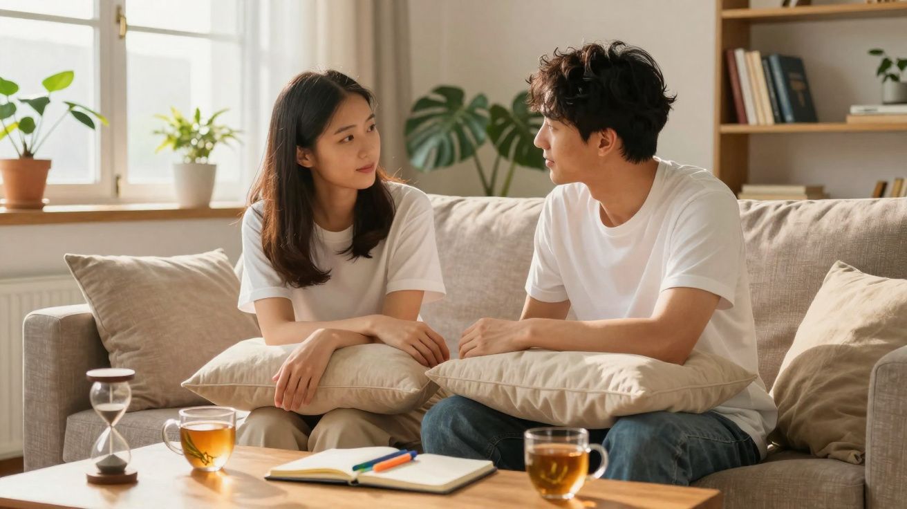 Casal jovem sentado no sofá a conversar, com almofadas e chá numa sala iluminada e confortável.