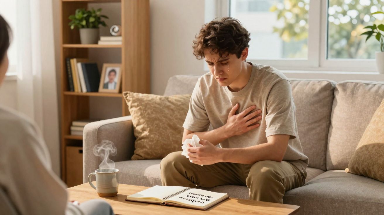 Jovem sentado no sofá com expressão triste, a limpar lágrimas e a segurar o peito, livro aberto à frente.