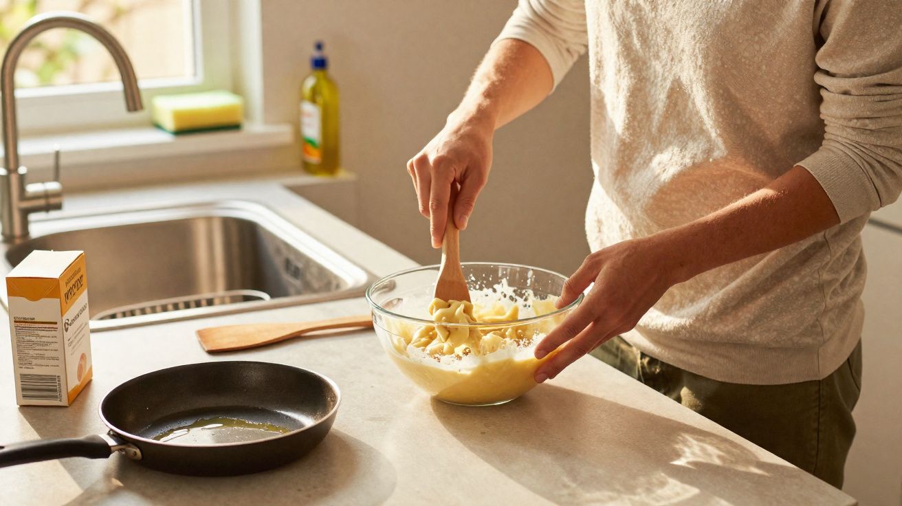 Pessoa a mexer polenta num tacho de vidro numa cozinha iluminada, com frigideira e esponja na bancada.