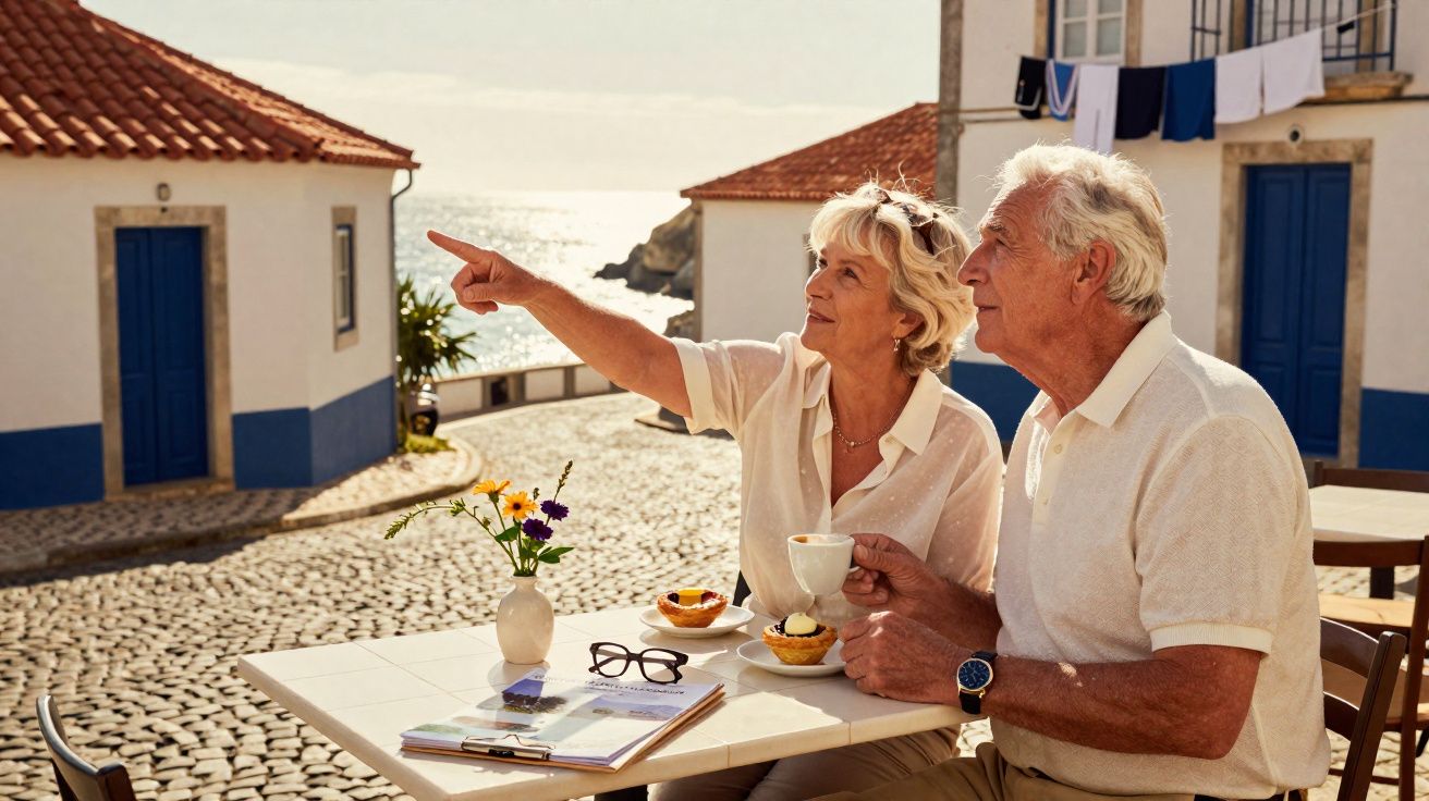 Casal sénior sentado numa esplanada junto ao mar, mulher aponta para o horizonte, homem segura chávena.