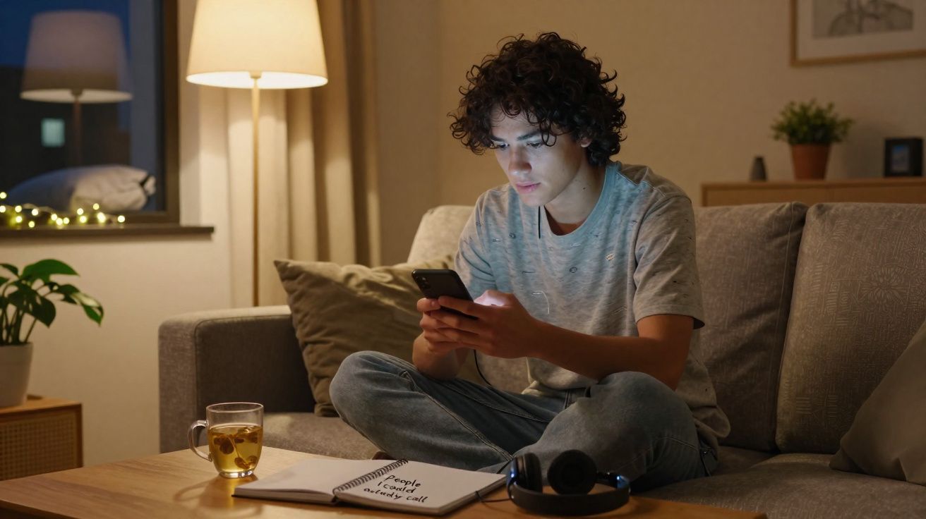 Jovem sentado no sofá, concentrado no telemóvel, com caderno, auscultadores e chá numa sala acolhedora à noite.