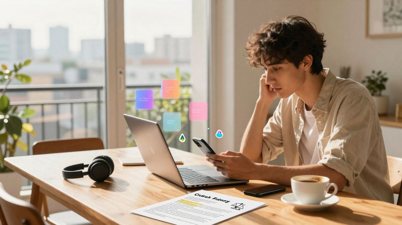 Jovem sentado numa mesa com portátil, telemóvel, auscultadores, documento e chá, a olhar para o ecrã.