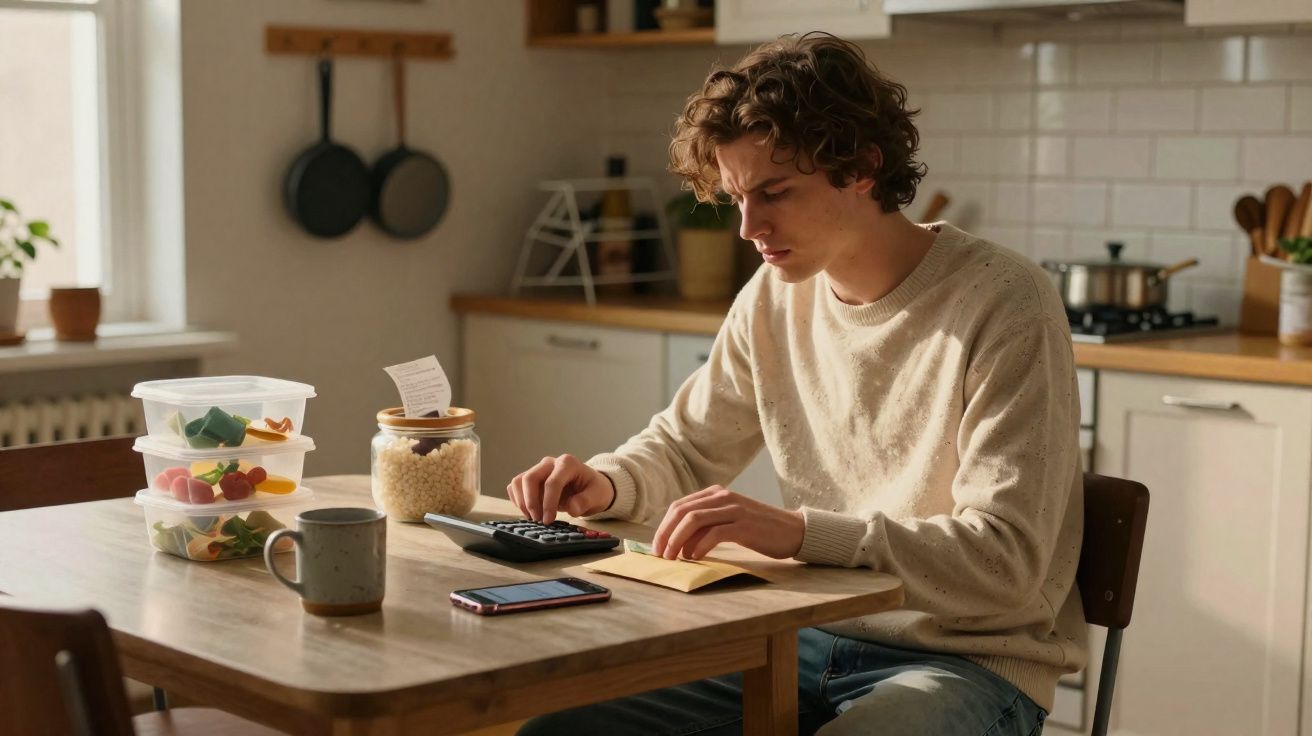 Jovem sentado à mesa da cozinha a calcular despesas com calculadora e bloco de notas.