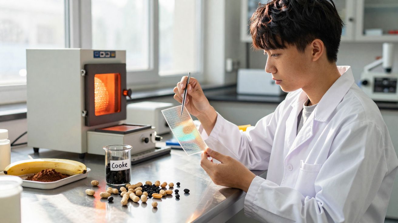 Cientista analisa amostra transparente em laboratório com vários ingredientes sobre a mesa.