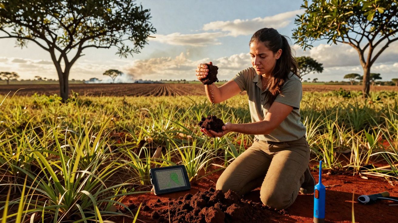 Mulher inspeciona terra fértil numa plantação com equipamento tecnológico ao redor ao pôr do sol.
