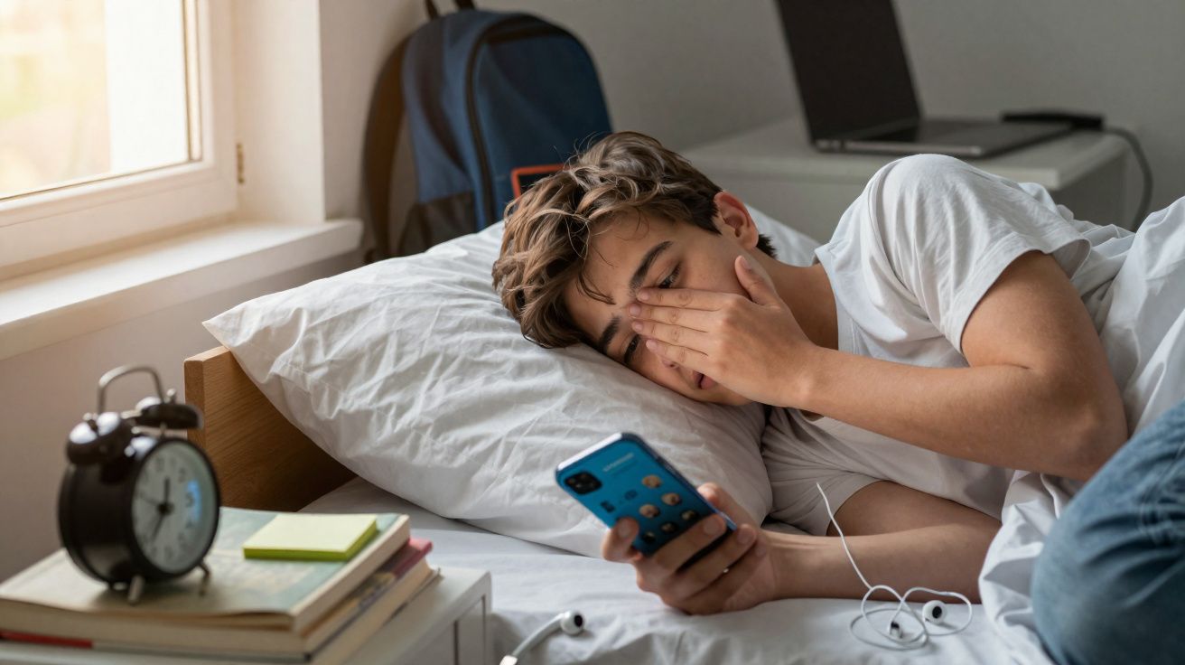 Jovem deitado na cama a olhar para o telemóvel, com expressão de cansaço, numa manhã iluminada.