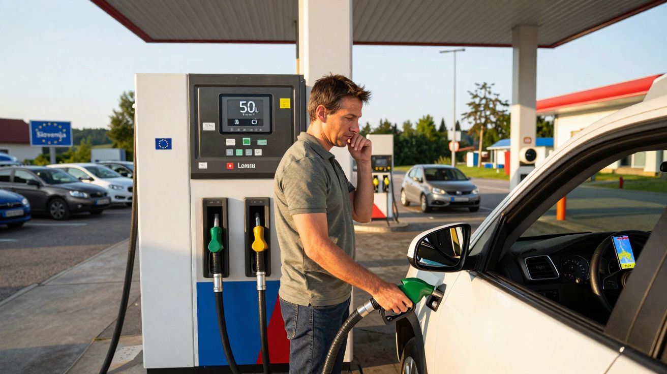 Homem a abastecer carro com gasolina numa bomba de combustível numa estação de serviço ao ar livre.