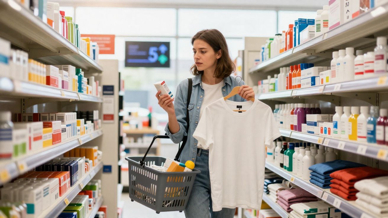 Mulher com cesta de compras segura t-shirt branca e analisa embalagem numa loja com produtos variados.