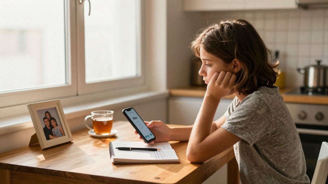 Jovem sentado à mesa, a olhar para o telemóvel com caderno e chá ao lado, numa cozinha iluminada pela janela.