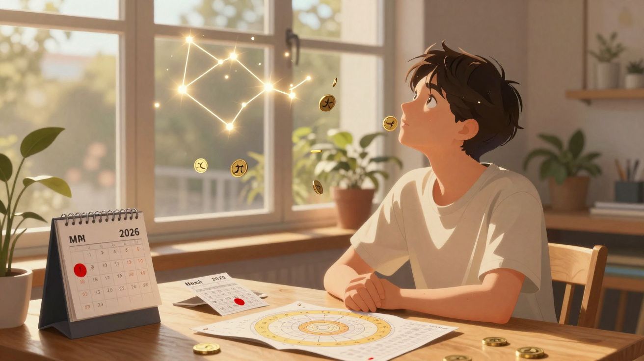 Jovem a olhar para símbolos astrológicos flutuantes, com calendário e mapa astral numa mesa iluminada.