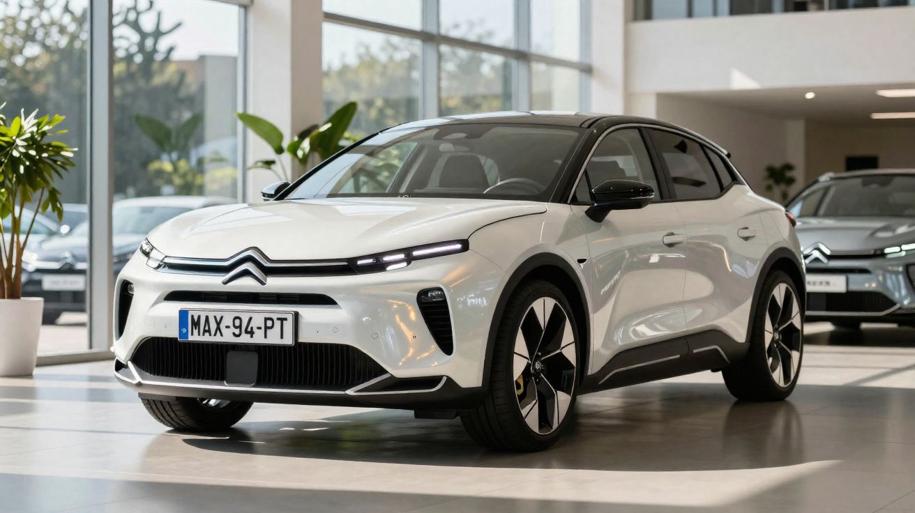 Automóvel Citroën branco estacionado em espaço interior com grandes janelas e plantas decorativas.