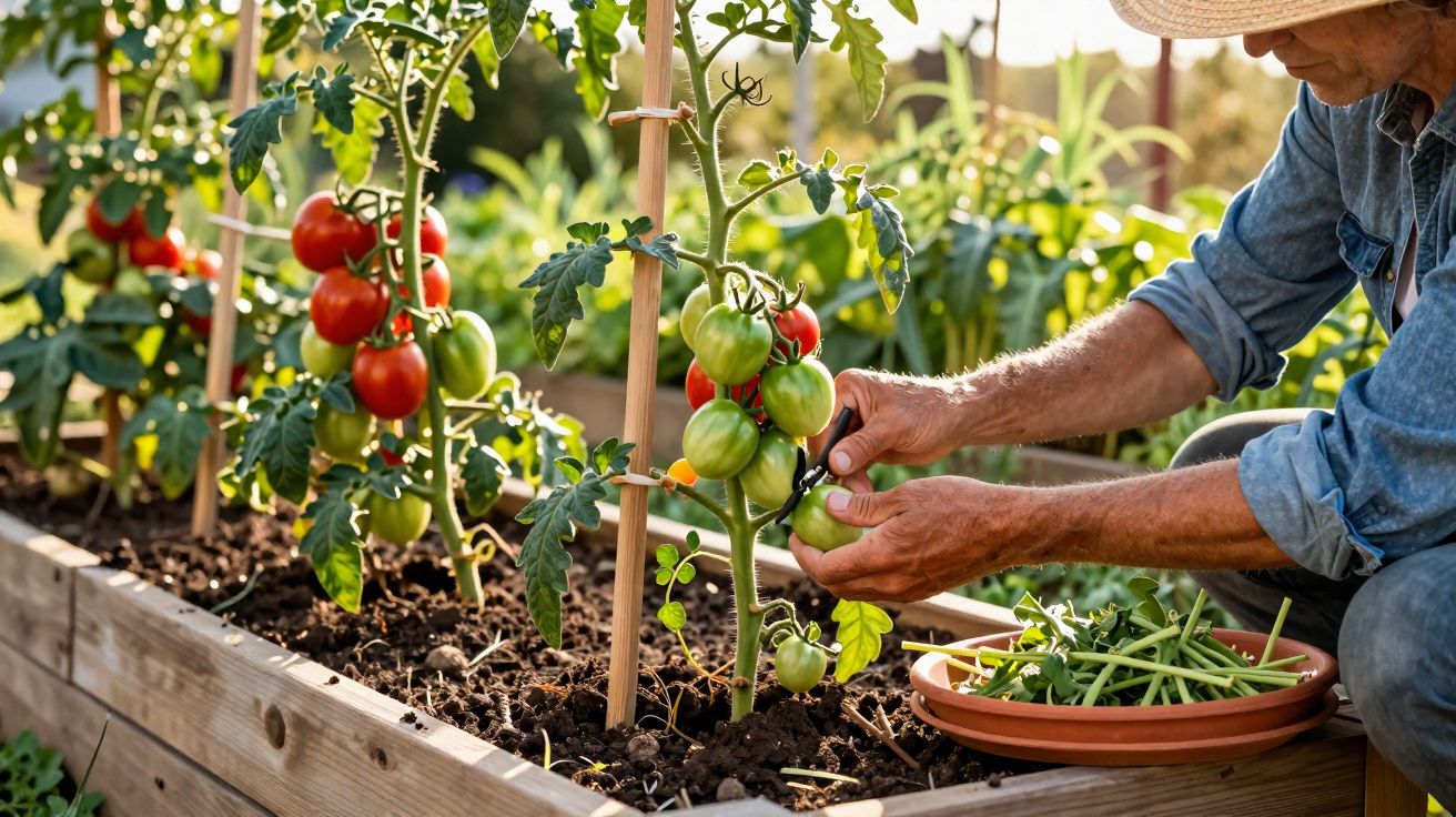Pessoa a colher tomates verdes em estufa com caixote de madeira e tomates maduros vermelhos.