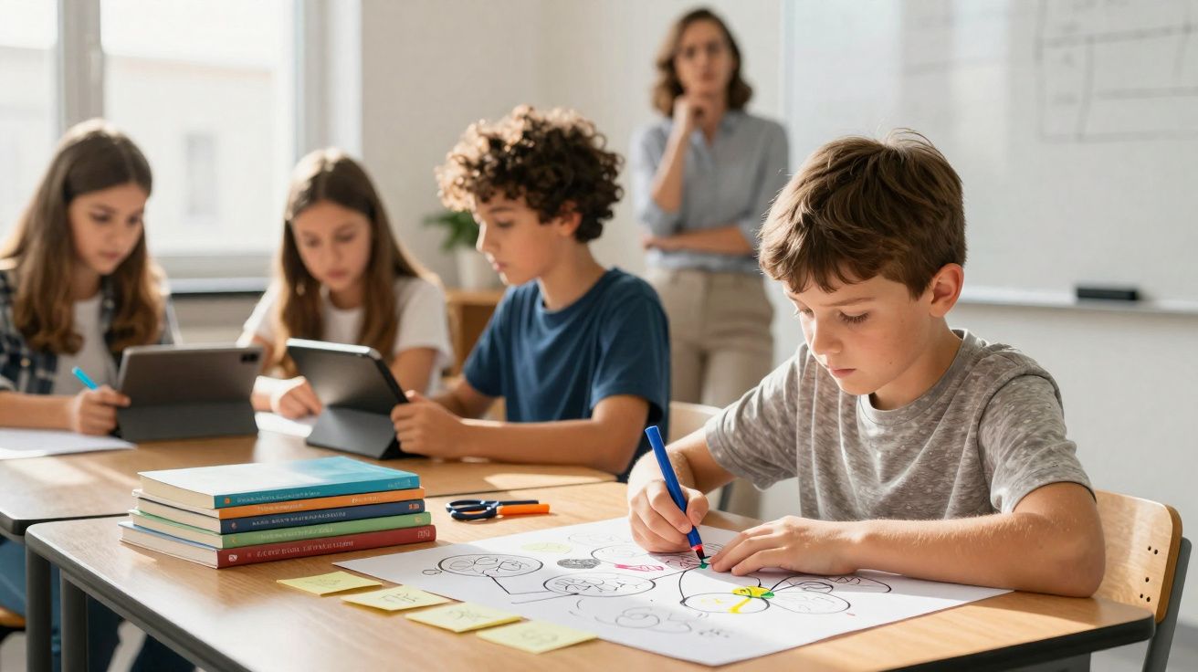 Crianças a trabalhar em atividades escolares, usando tablets e a desenhar, com professora observando ao fundo numa sala de au
