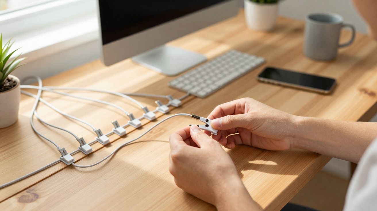 Pessoa a ligar auscultadores numa mesa de escritório com vários cabos USB organizados com clips brancos.