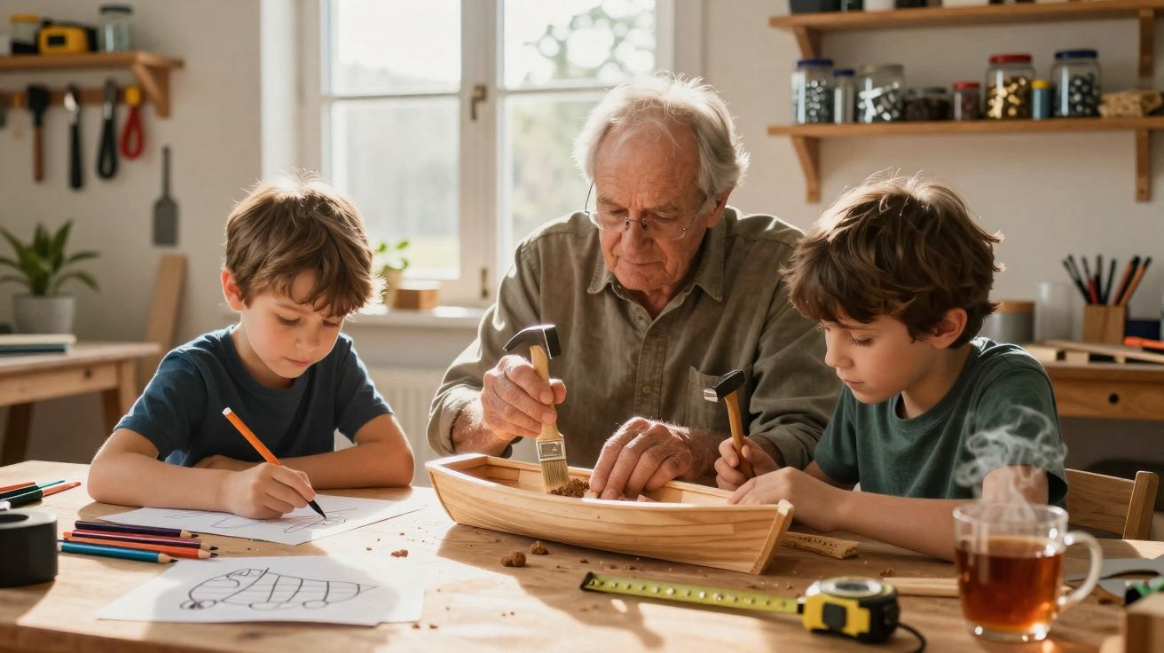Avô e dois netos constroem e desenham um barco de madeira numa mesa iluminada pela luz natural.