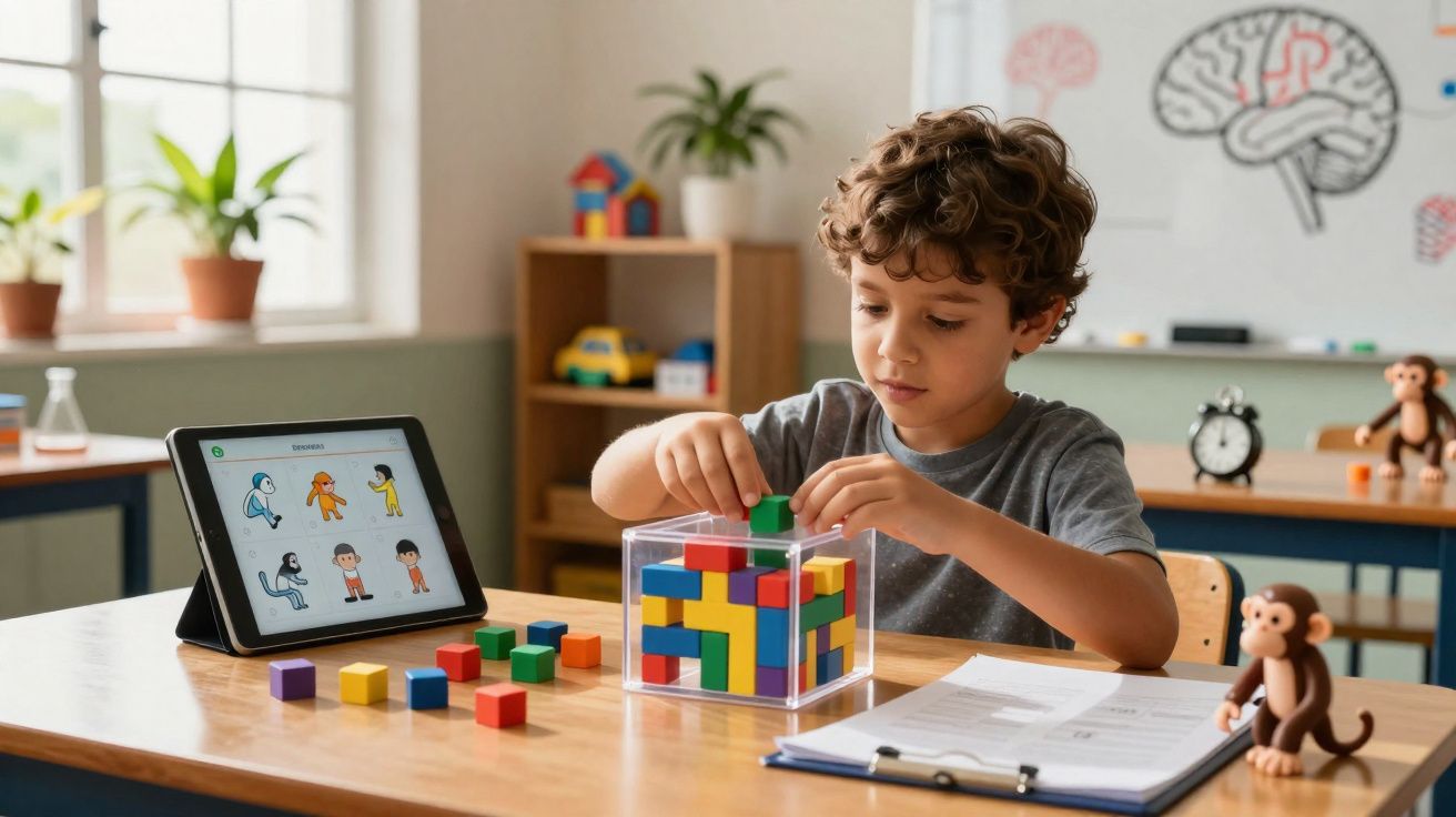 Criança a montar blocos coloridos numa caixa transparente numa sala de aula com tablet e papéis.
