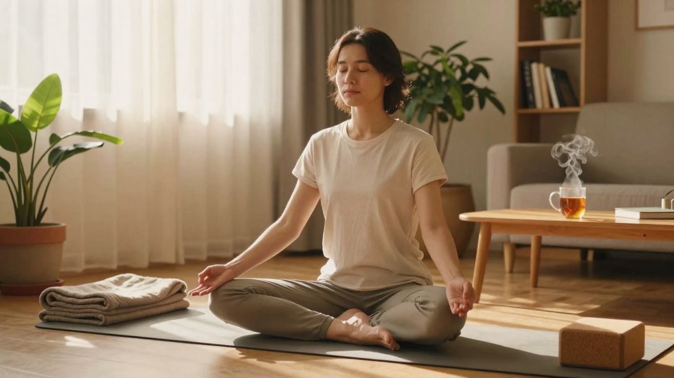 Mulher sentada em posição de lótus a meditar numa sala iluminada, com planta e chá quente numa mesa.