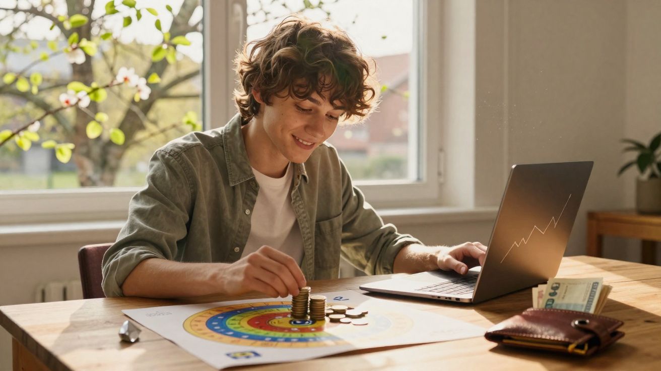 Jovem a empilhar moedas enquanto olha para um laptop, numa mesa com gráficos e dinheiro, junto a uma janela iluminada.