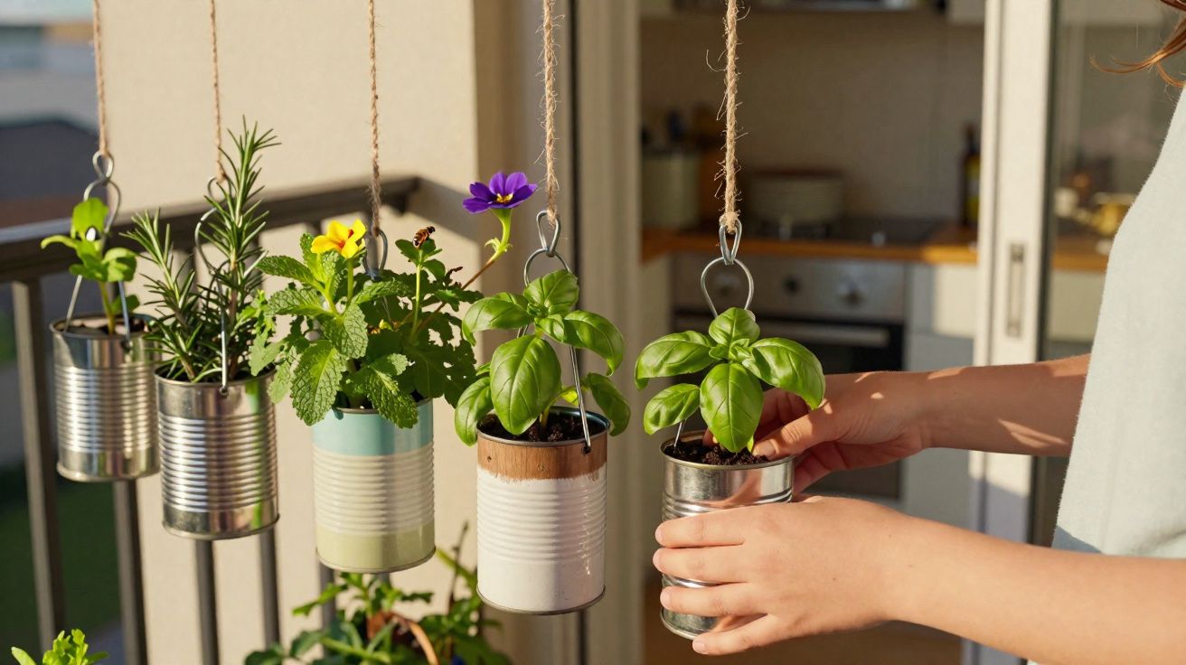 Vasos suspensos feitos de latas recicladas com plantas aromáticas e flores numa varanda ensolarada.