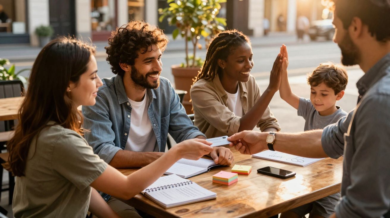 Grupo de jovens e criança a trabalhar juntos e a celebrar com um toque de mãos numa mesa exterior.