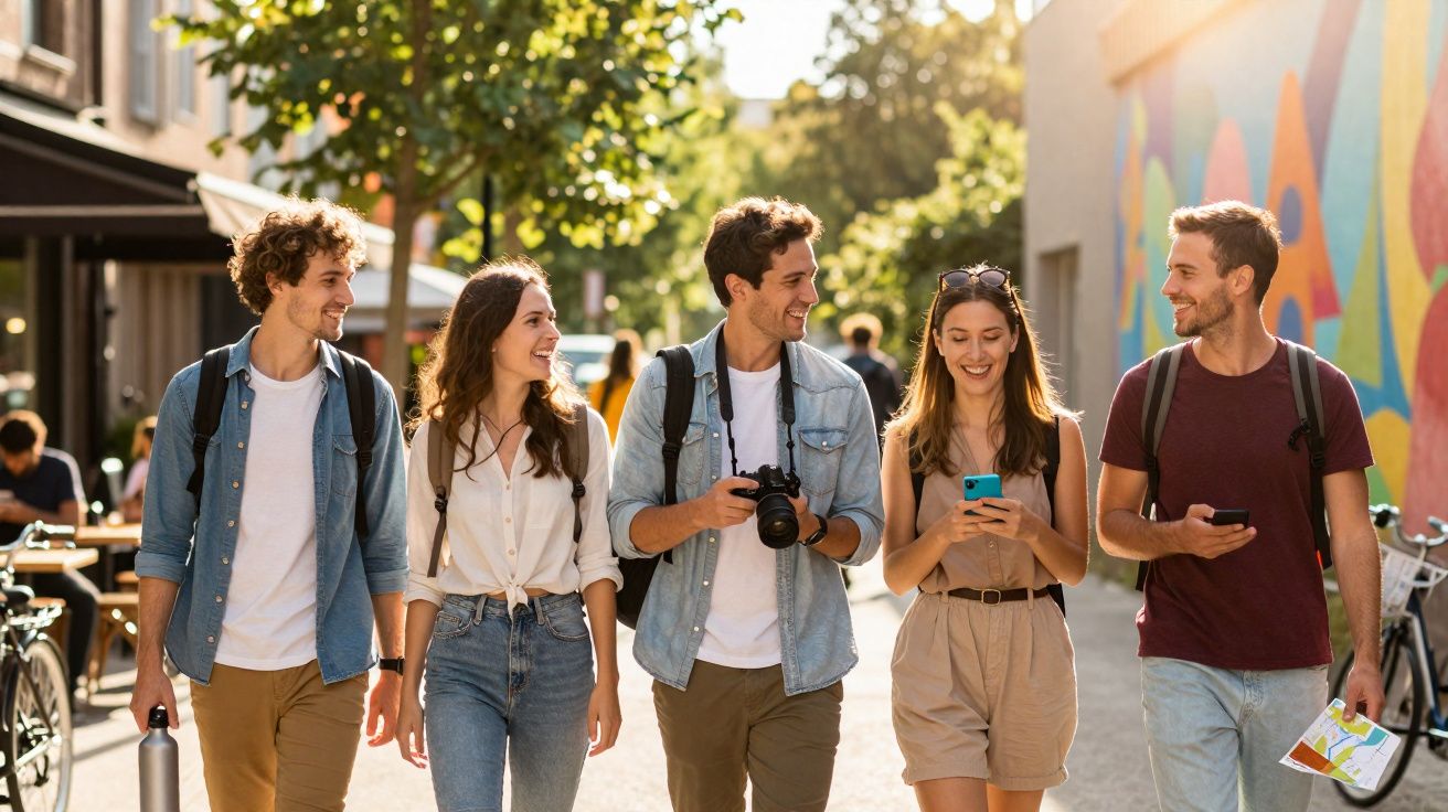 Cinco jovens a caminhar na rua, sorrindo e a conversar, em ambiente urbano com luz solar e arte colorida na parede.