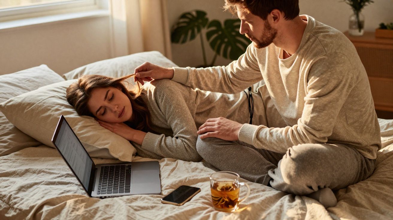 Casal em roupa confortável na cama; mulher a dormir e homem a puxar delicadamente cabelo dela.