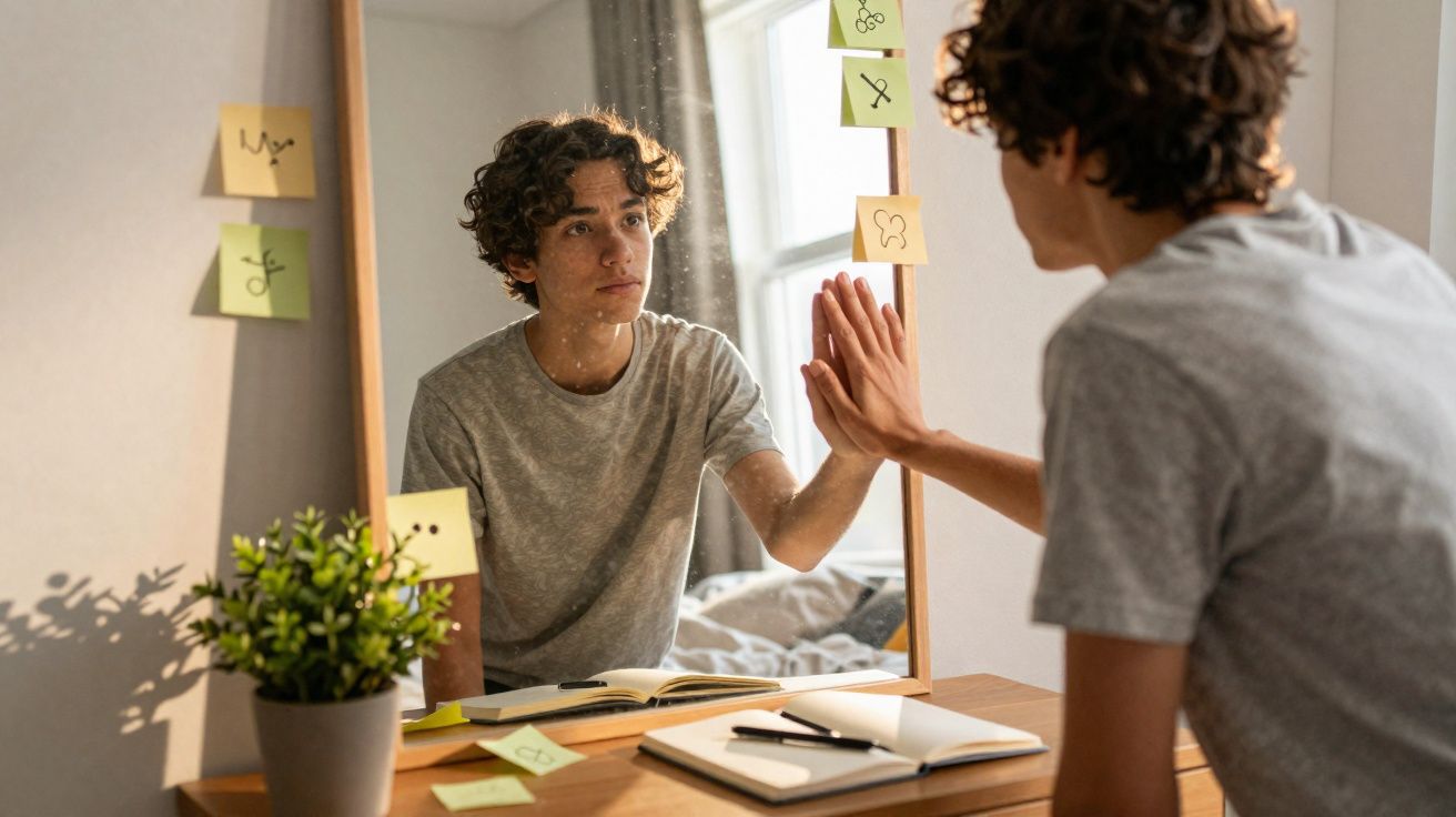 Rapaz com cabelo encaracolado sentado à secretária, olhando o reflexo no espelho com uma mão levantada.