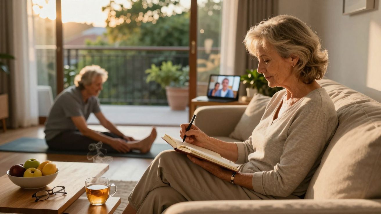 Mulher idosa sentada a escrever num caderno, homem a alongar-se ao fundo numa sala iluminada pelo sol.
