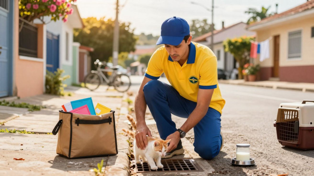 Carteiro a agachar na rua a ajudar um gato branco e amarelo a sair de um escoamento de água.