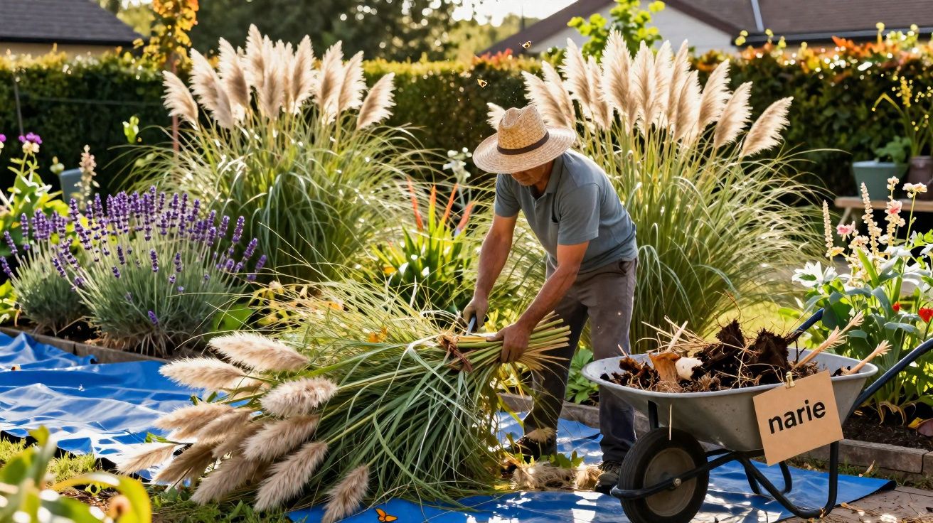 Homem com chapéu de palha a apanhar plantas decorativas num jardim florido ao pôr do sol.