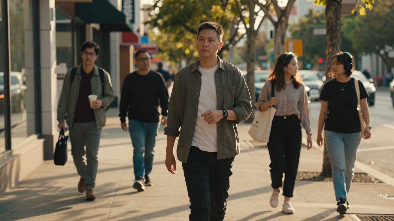 Cinco pessoas caminham numa calçada urbana sob luz do final da tarde, rodeadas por árvores e lojas.