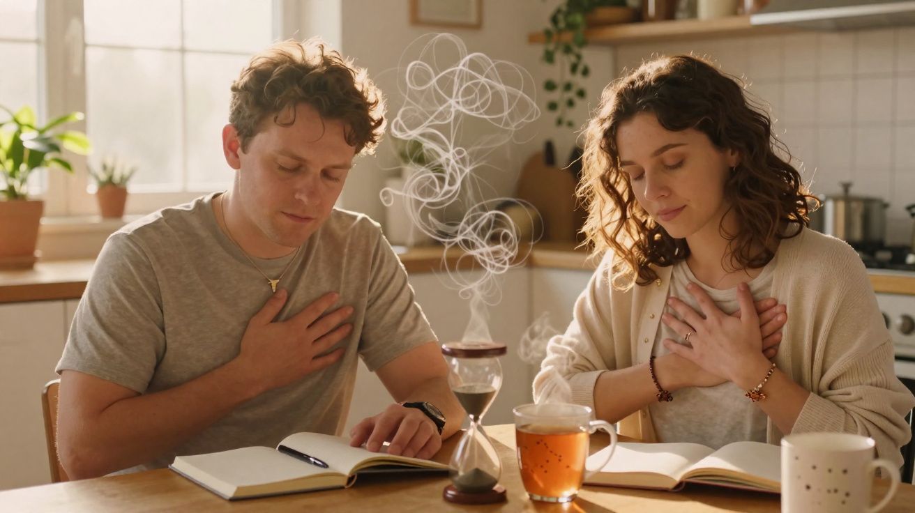 Casal sentado à mesa a ler livros com mãos no peito em ambiente de cozinha iluminada.