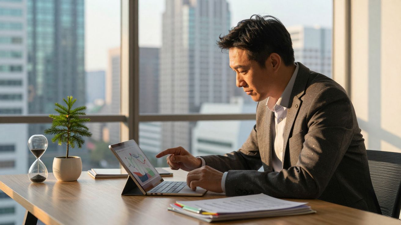 Homem de negócios a analisar gráficos num tablet num escritório com vista para edifícios modernos.