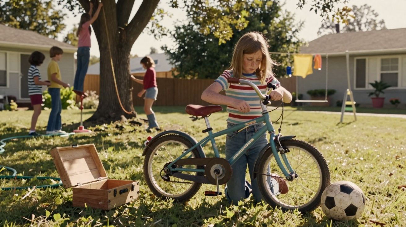 Criança a reparar uma bicicleta num jardim, com outros quatro crianças a brincar ao fundo num dia de sol.