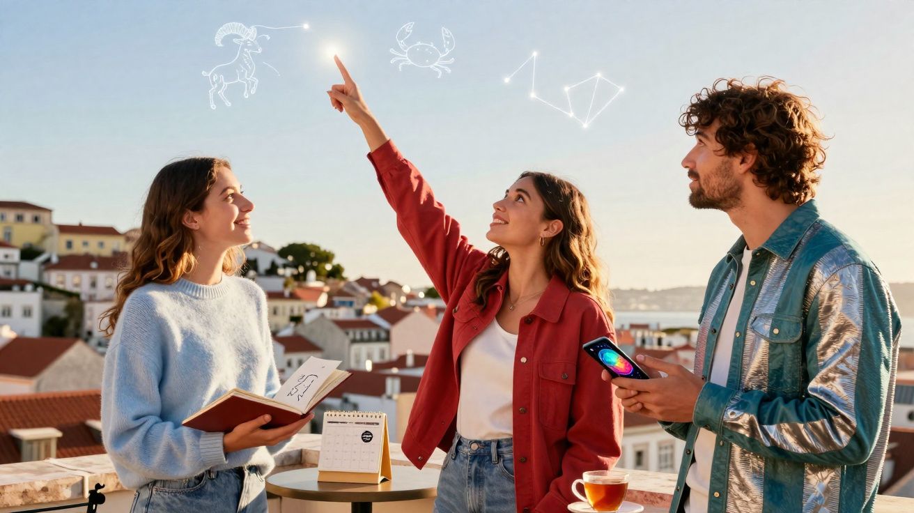Três jovens a observar estrelas e constelações, com uma delas a apontar para desenhos no céu ao entardecer.