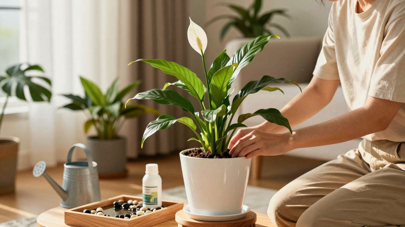 Pessoa a cuidar de planta com flor branca em vaso branco numa sala iluminada com outros vasos e regador.