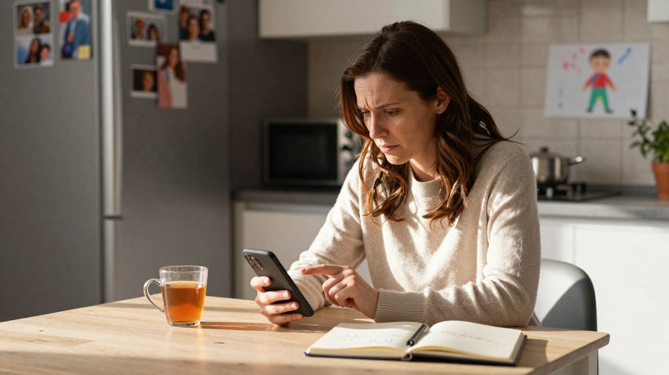Mulher sentada à mesa na cozinha a olhar preocupada para o telemóvel com chá e caderno à sua frente.
