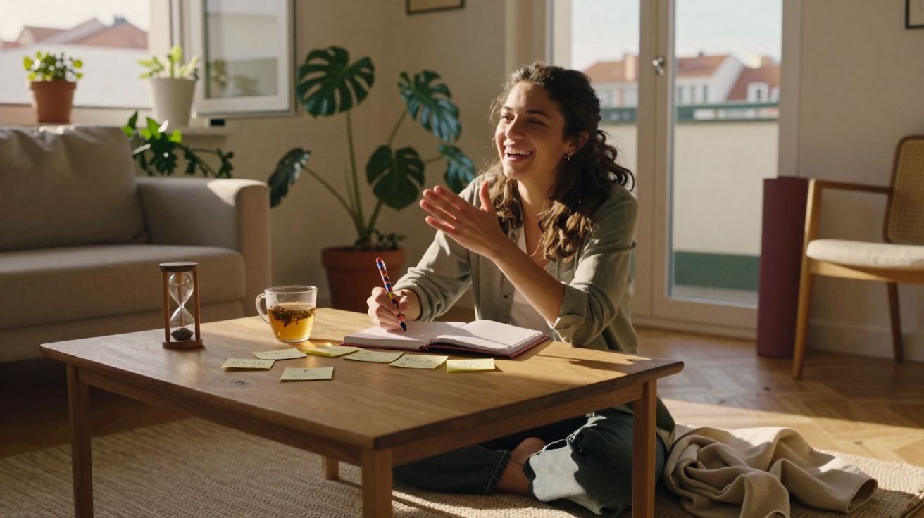 Mulher sentada no chão a escrever num caderno, com chá e post-its numa mesa de madeira numa sala iluminada.