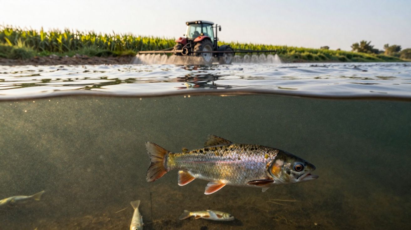 Peixe a nadar em água límpida com campo cultivado e trator a pulverizar na margem sob céu limpo.
